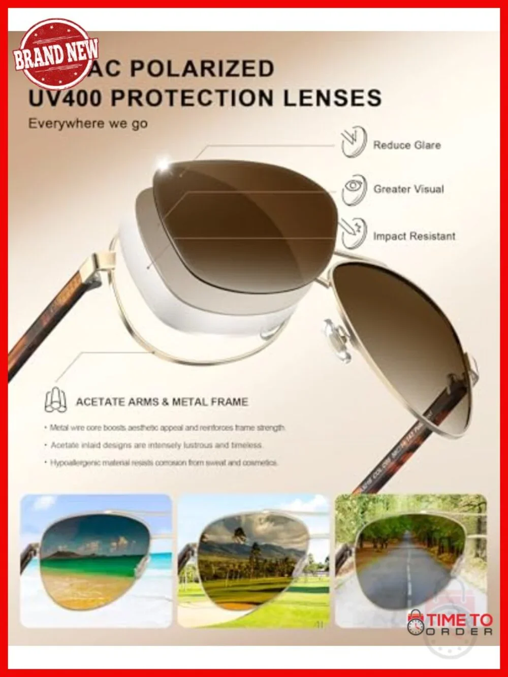 Polarized Sunglasses with Acetate Arms Metal Frame, UV400 Protection,